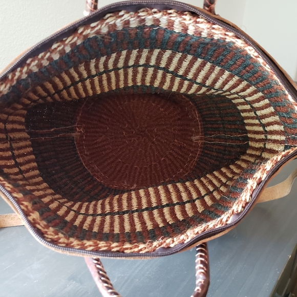 Handcrafted Brown and Tan Woven Tote Bag With Leather Handles - Picture 3 of 8